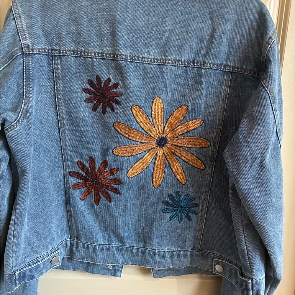 Embroidered Blue Denim Jacket - Floral Accent - Picture 4 of 6